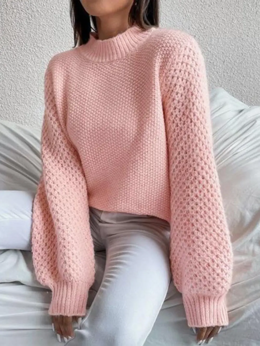 Openwork Mock Neck Long Sleeve Sweater, image 3