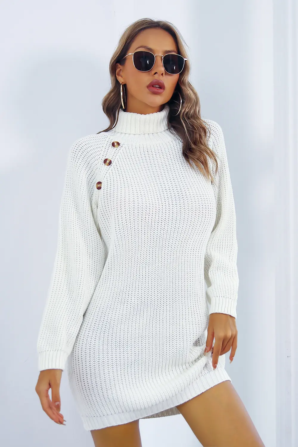Buttoned Turtleneck Long Sleeve Sweater Dress, image 5