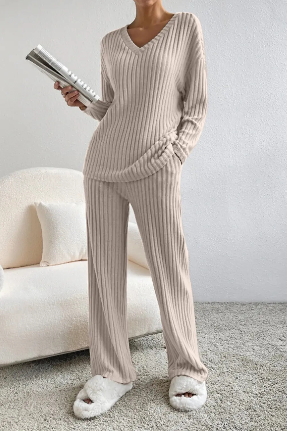Ribbed V-Neck Top and Pants Set, image 18