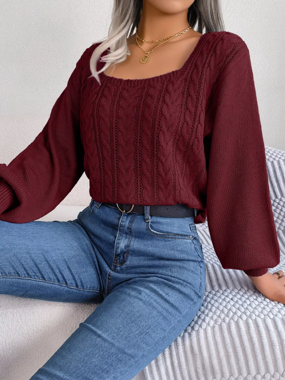 Cable-Knit Square Neck Long Sleeve Sweater, image 11