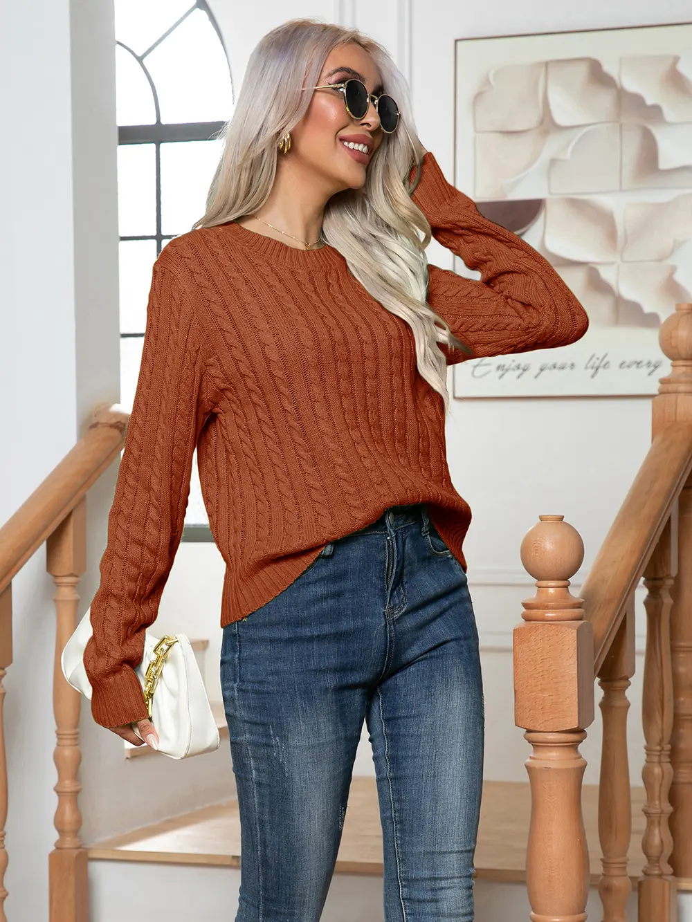 Cable-Knit Round Neck Long Sleeve Sweater, image 4