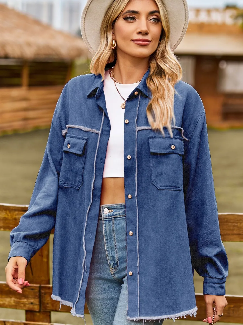 Button Up Collared Neck Raw Hem Denim Top, image 9