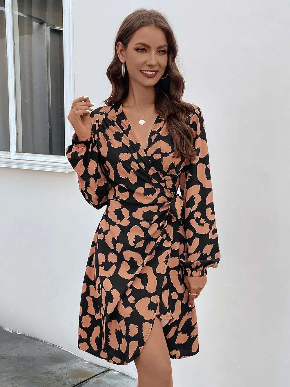 Printed Surplice Long Sleeve Dress, image 5