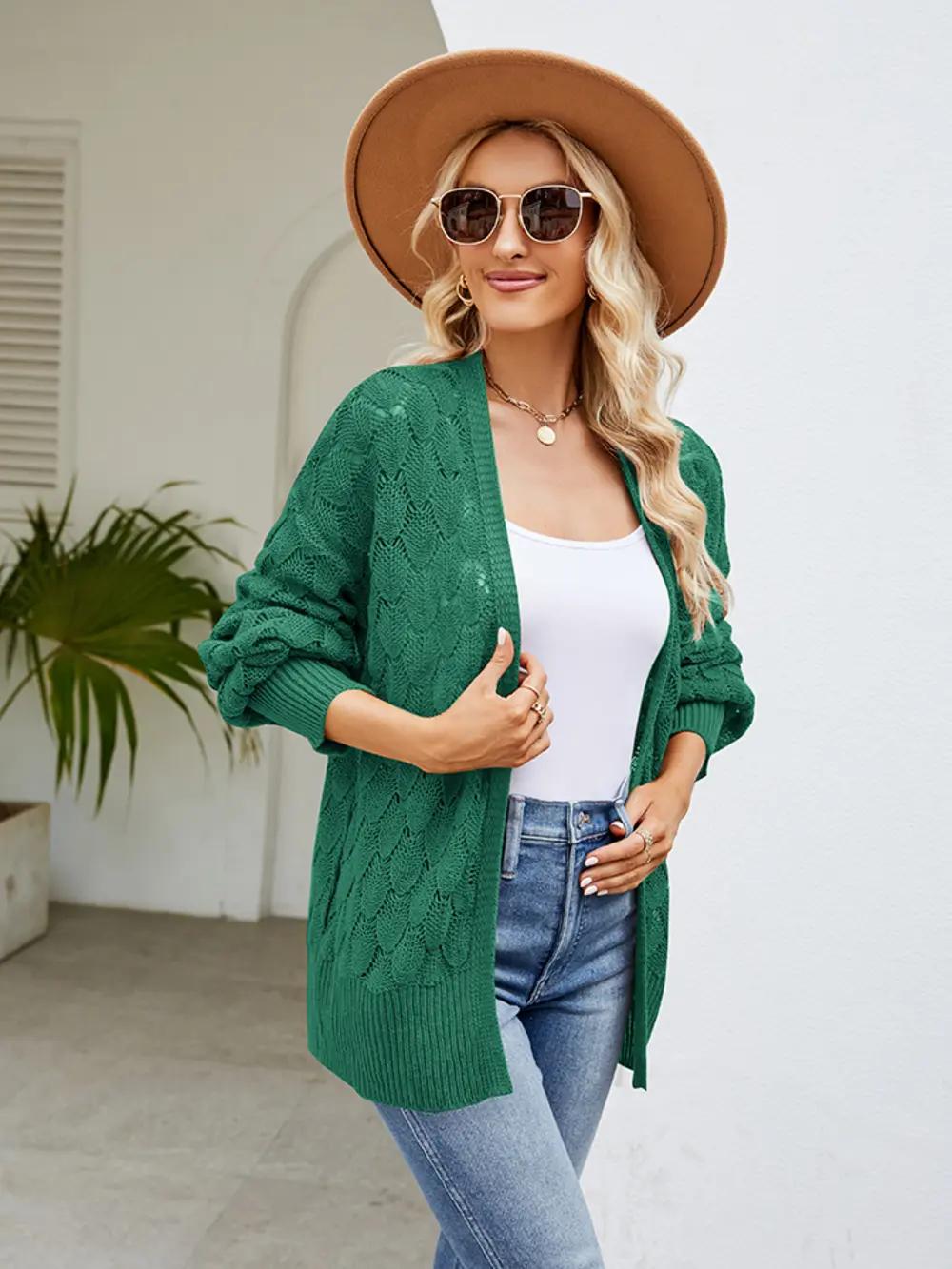 Openwork Open Front Lantern Sleeve Cardigan, image 9