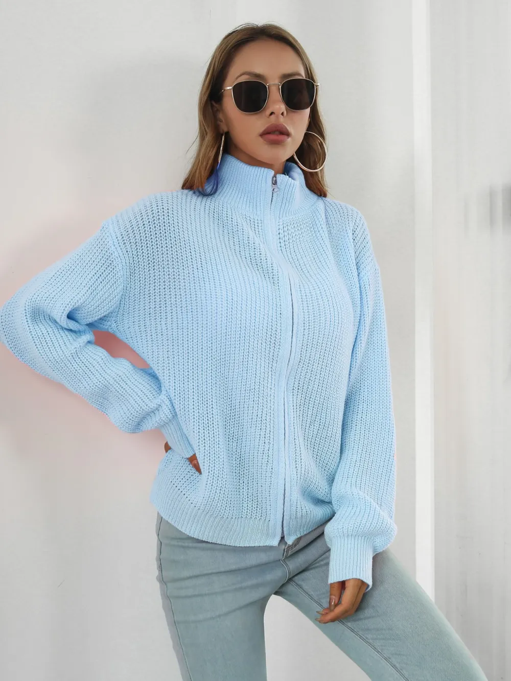 Turtleneck Zip Up Long Sleeve Knit Top, image 5