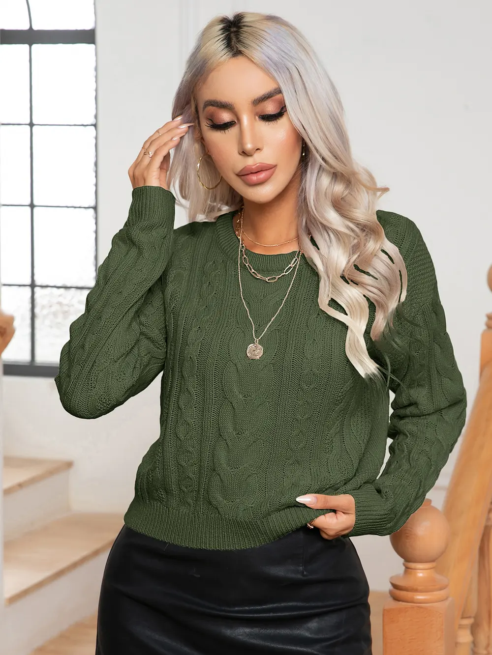 Cable-Knit Round Neck Long Sleeve Sweater, image 7