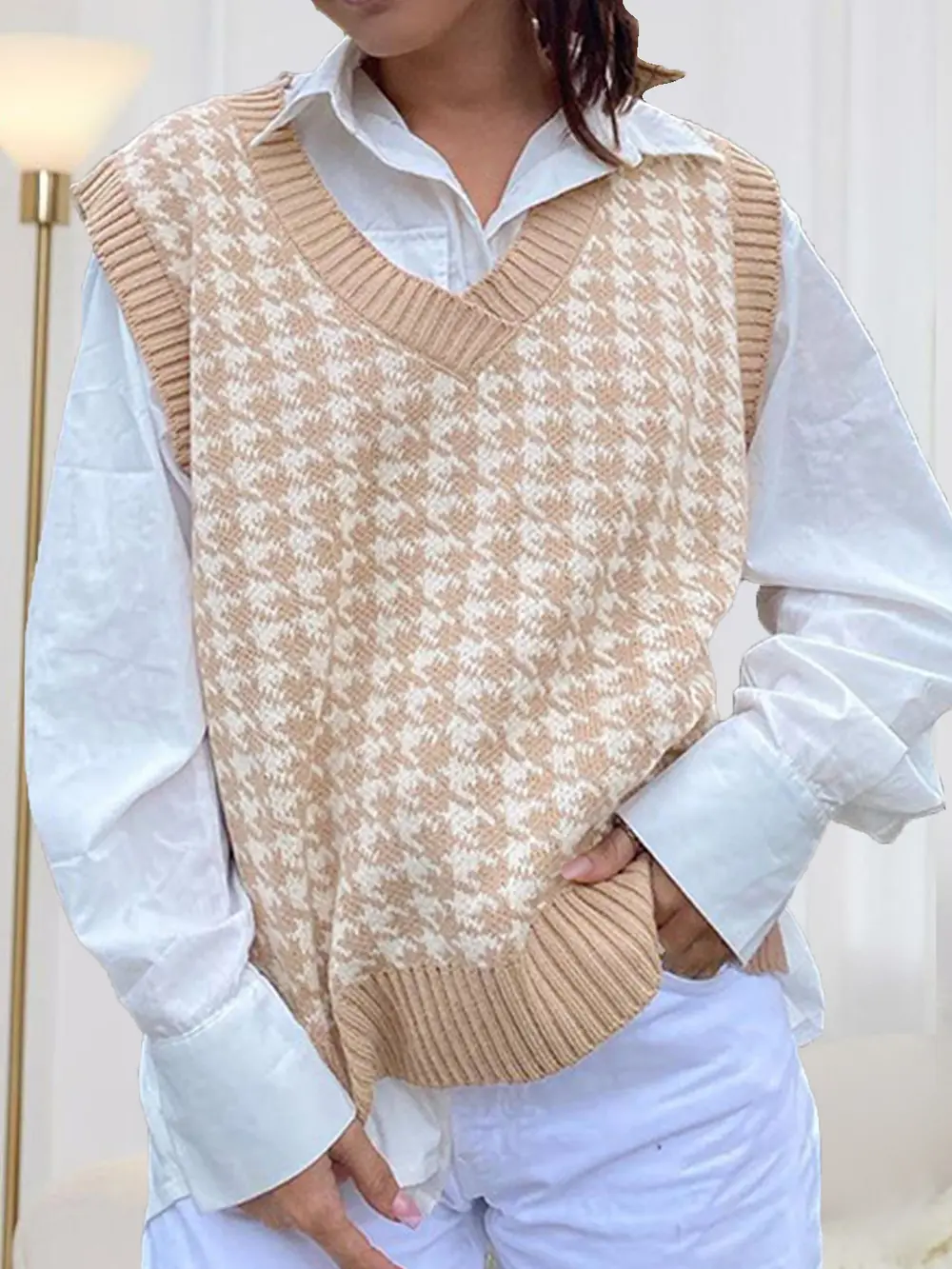 Houndstooth V-Neck Sweater Vest, image 2