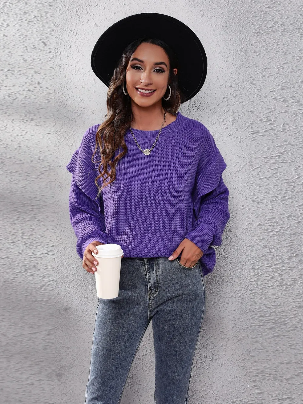 Ruffled Round Neck Dropped Shoulder Sweater, image 2