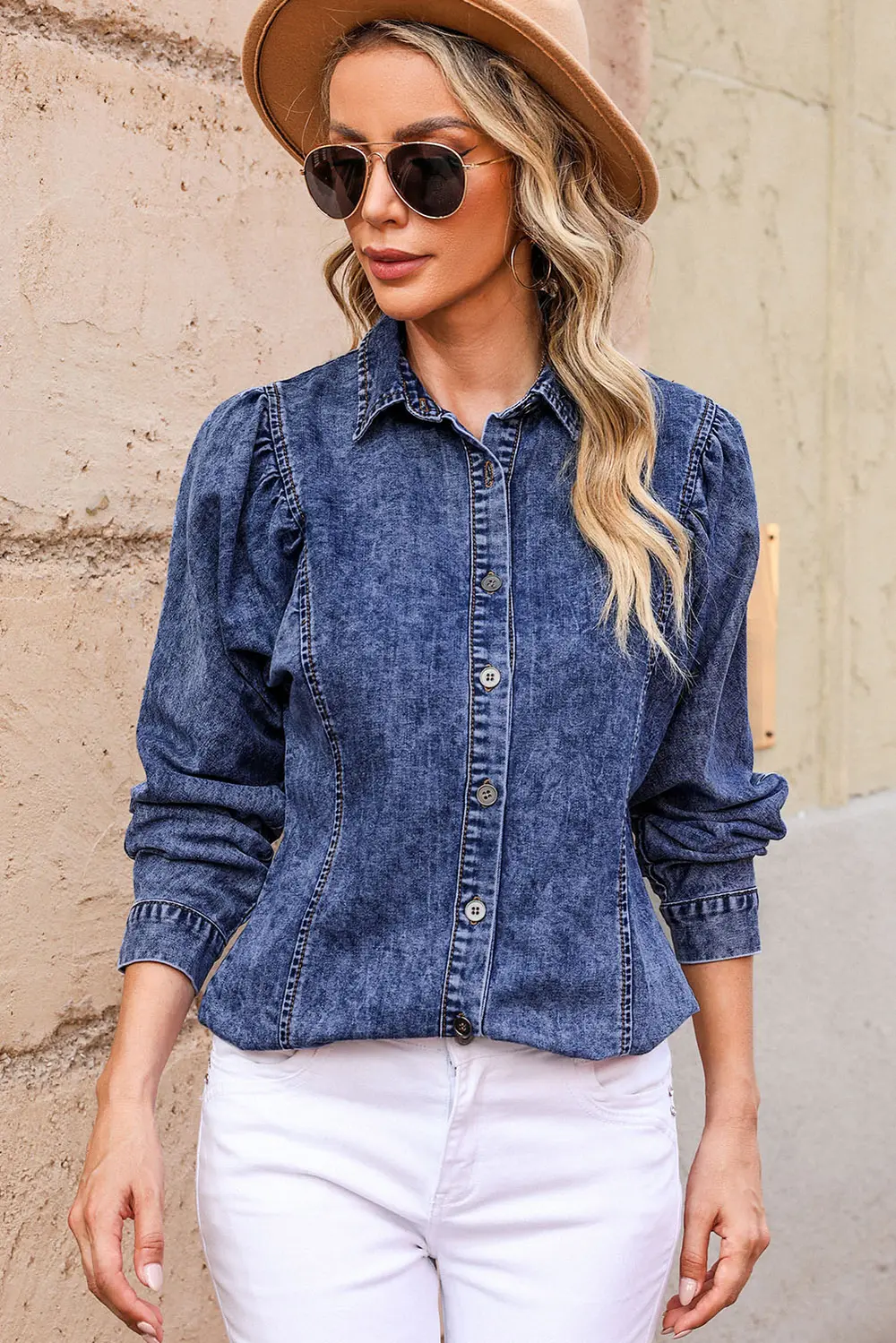 Button Up Collared Neck Denim Top, image 7