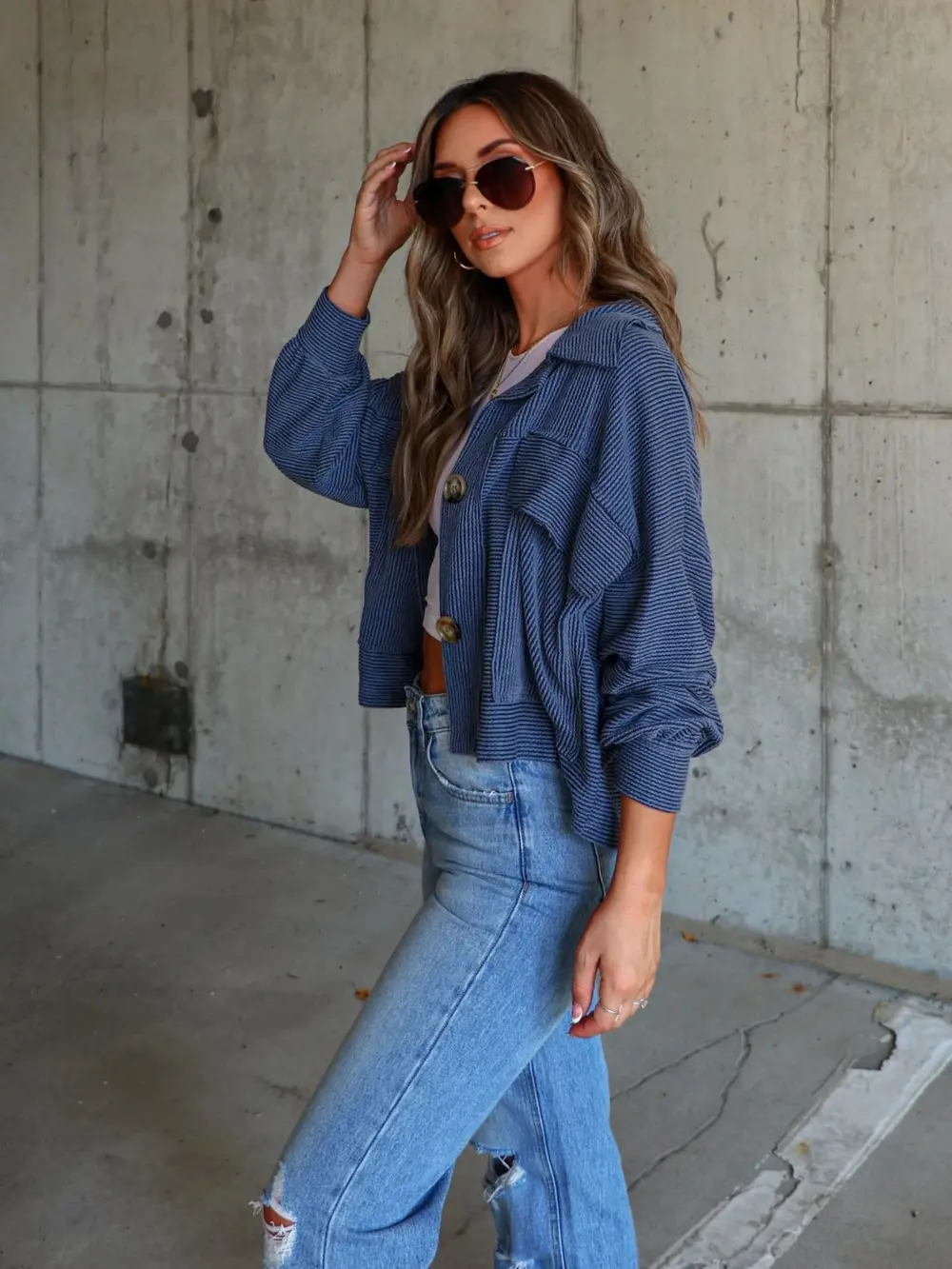 Ribbed Collared Neck Button Up Jacket, image 4