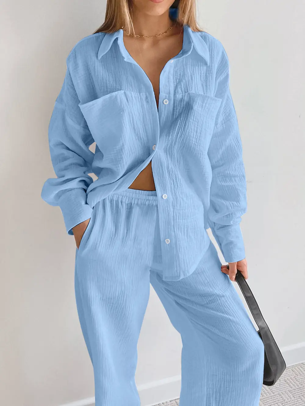 Texture Button Up Long Sleeve Shirt and Pants Set, image 2