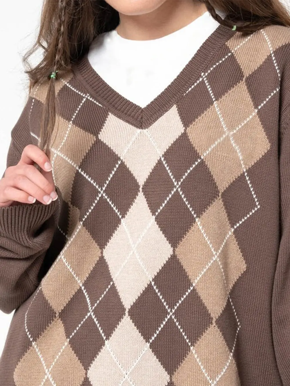 Geometric V-Neck Long Sleeve Sweater, image 4
