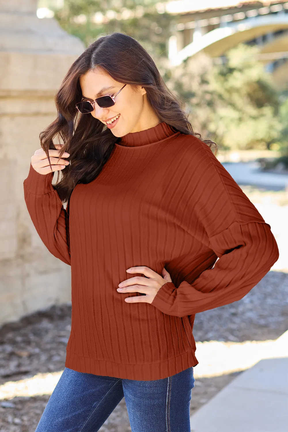 Full Size Ribbed Exposed Seam Mock Neck Knit Top, image 6