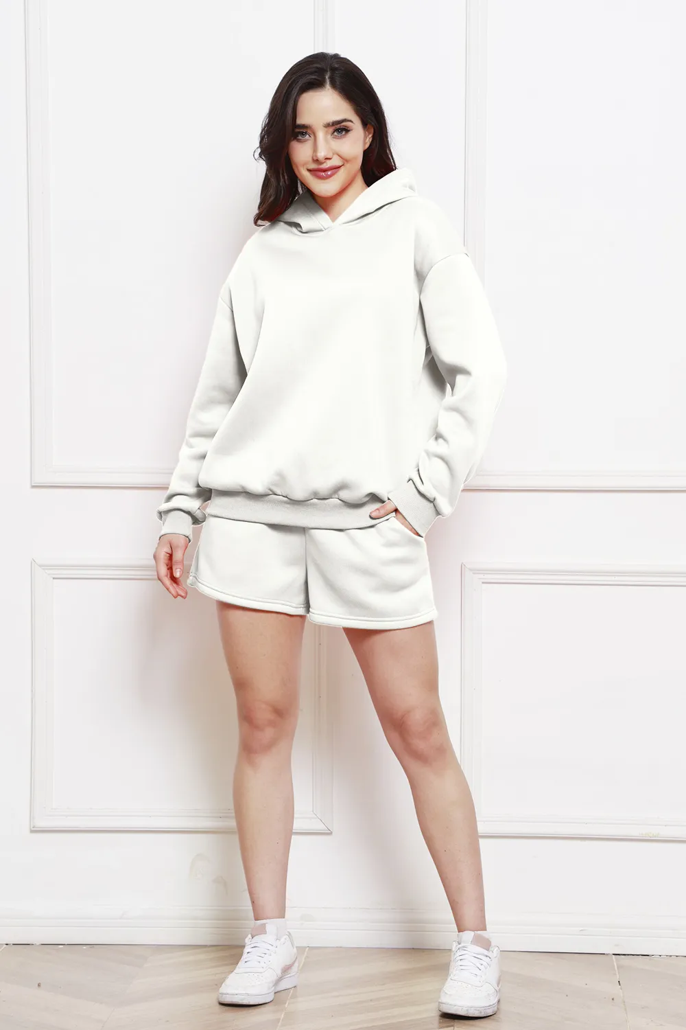 Drop Shoulder Long Sleeve Hoodie and Shorts Set, image 10