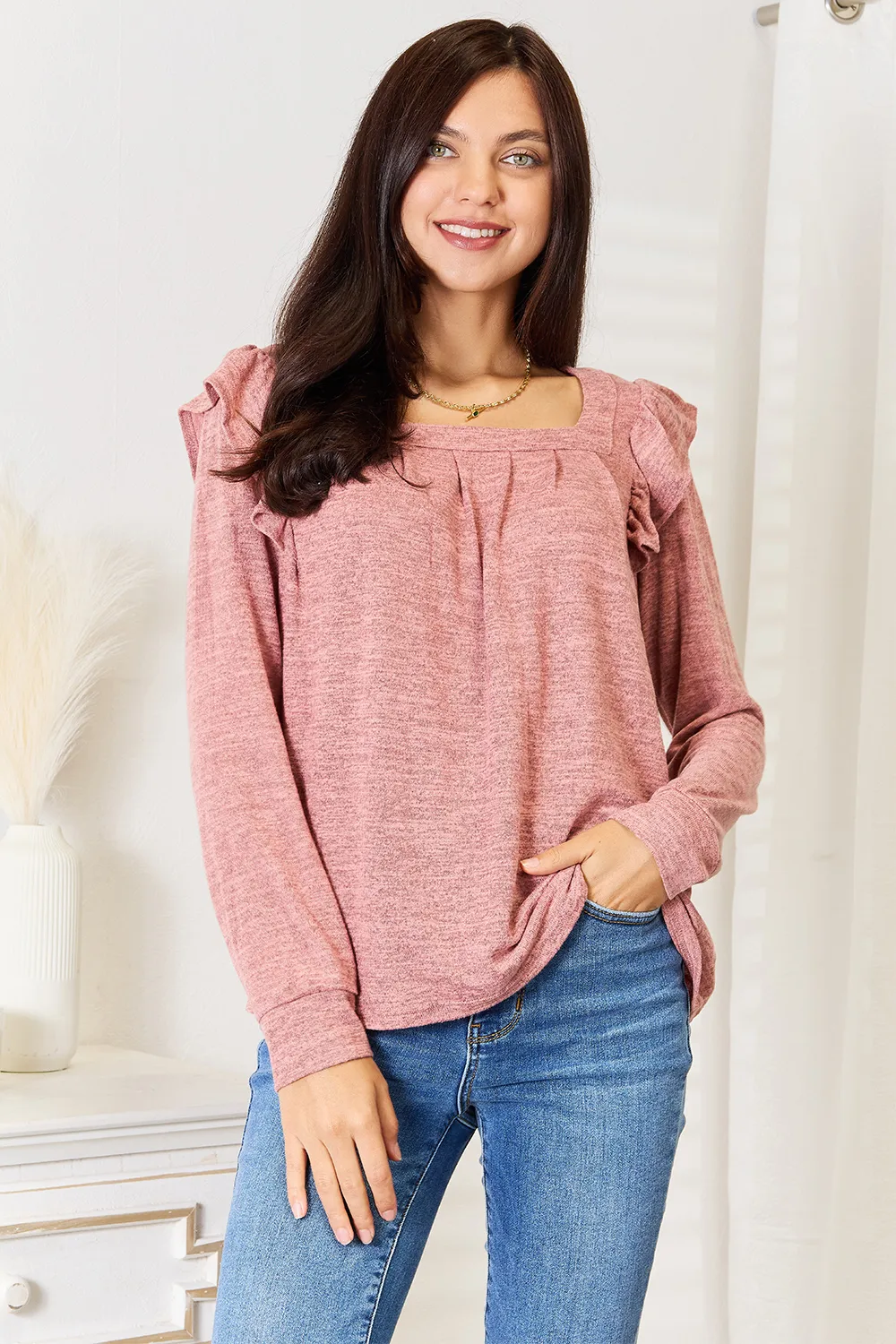 Square Neck Ruffle Shoulder Long Sleeve T-Shirt, image 6