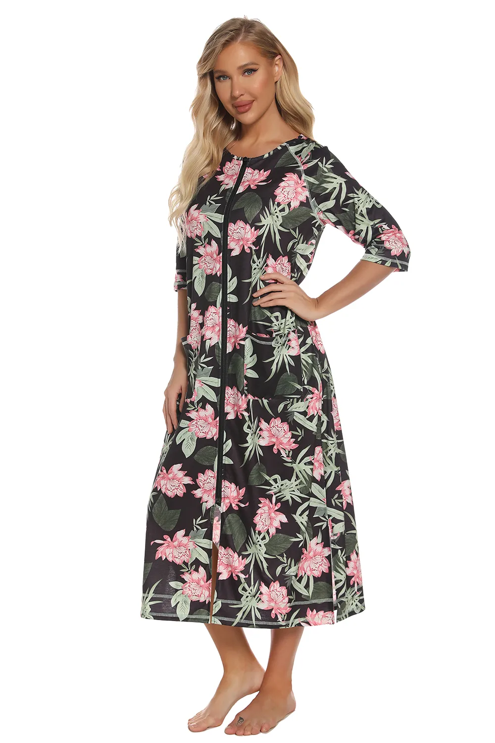 Printed Slit Night Dress with Pockets, image 5