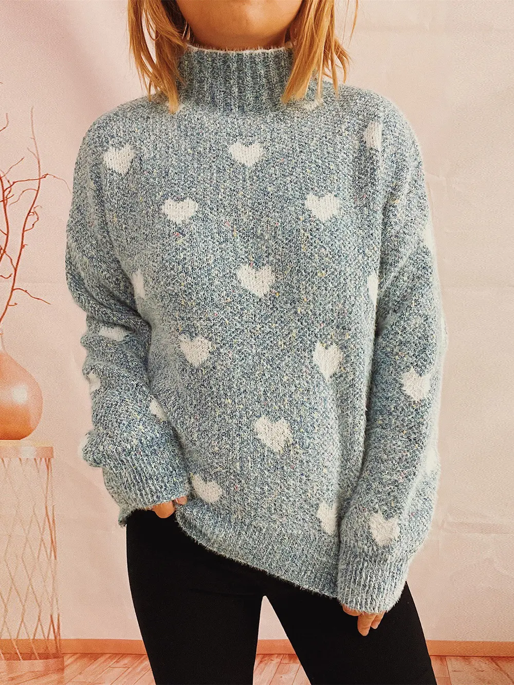 Heart Heathered Turtleneck Drop Shoulder Sweater, image 2