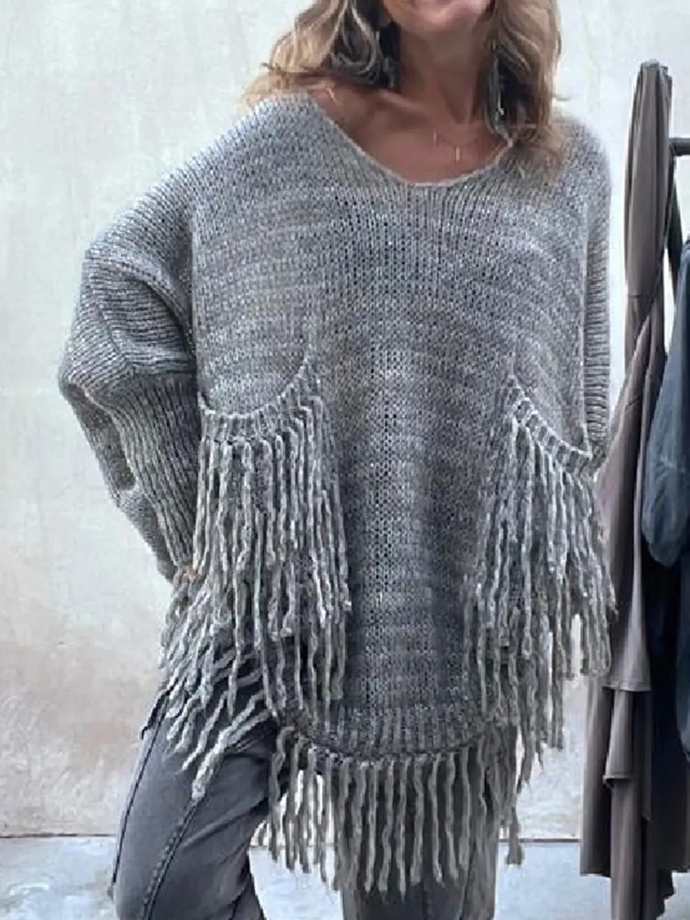 Fringe Detail Long Sleeve Sweater with Pockets, image 4