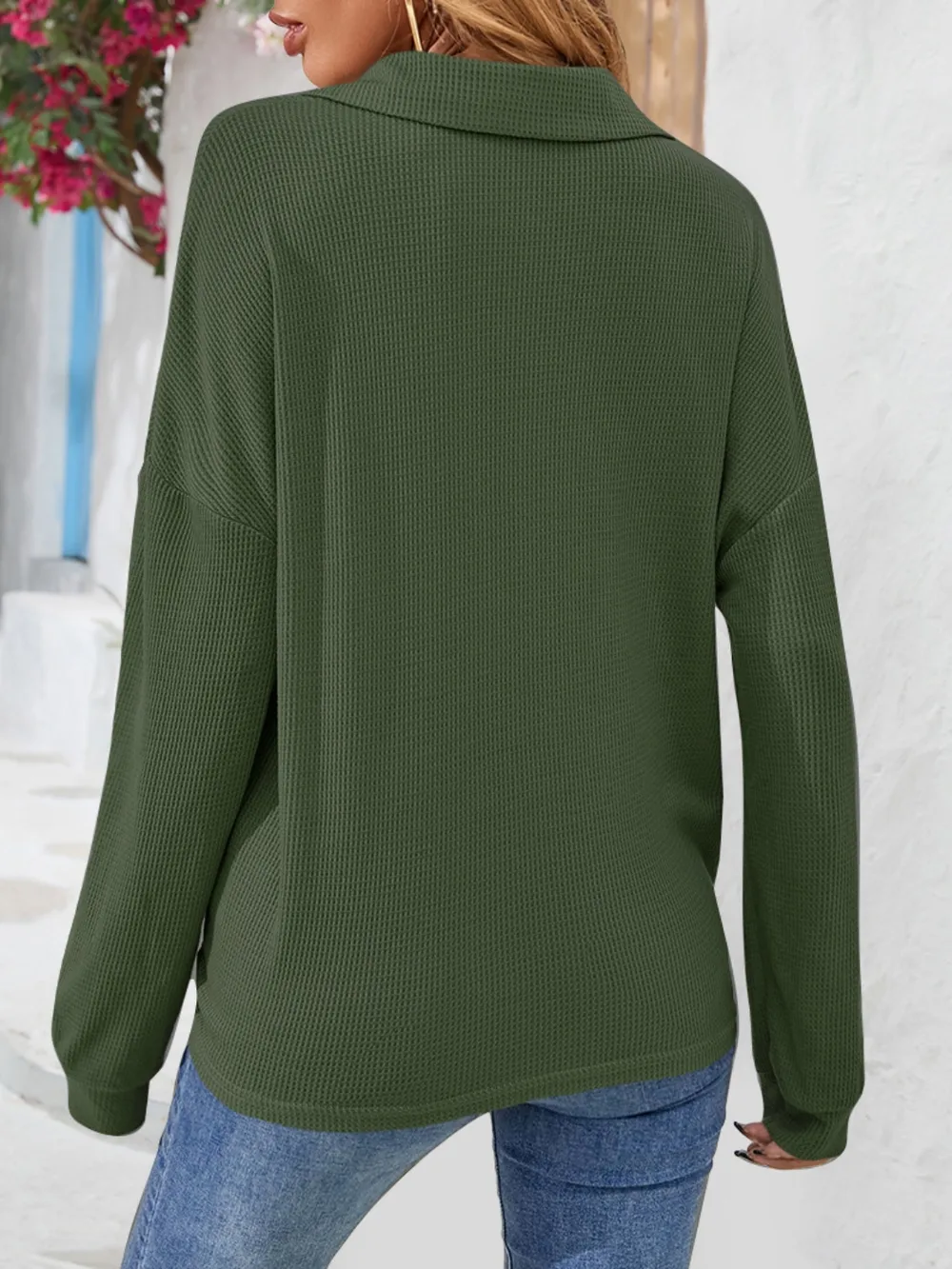 Half Button Collared Neck Long Sleeve Top, image 9