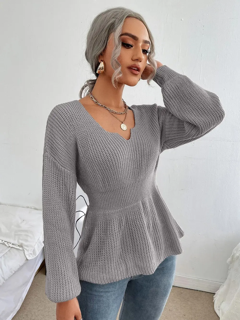 Notched Dropped Shoulder Knit Top, image 7