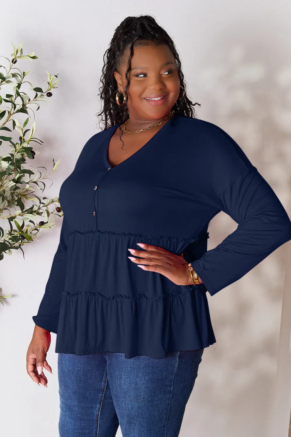 Half Button Long Sleeve Ruffle Hem Blouse, image 6