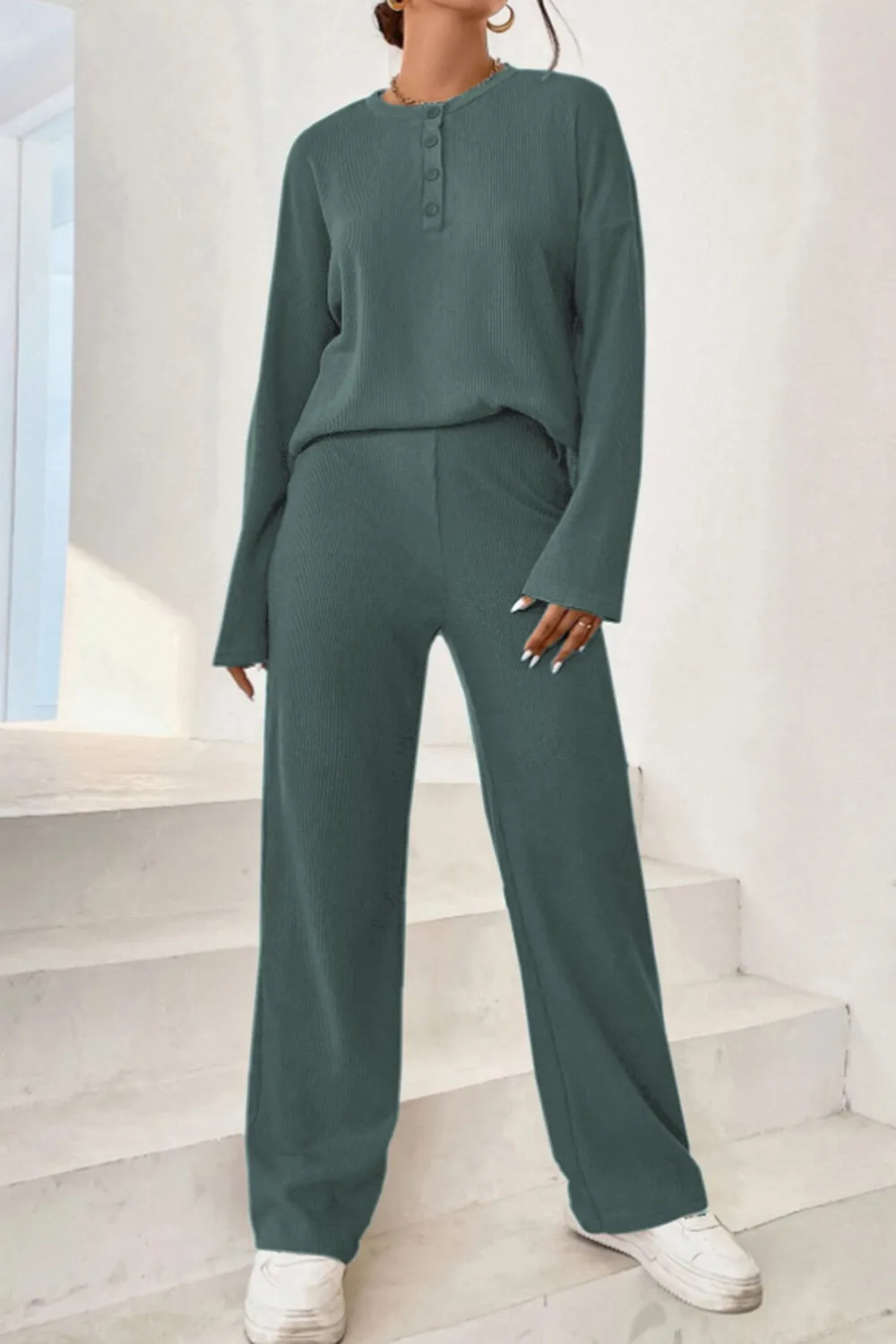 Ribbed Half Button Top and Pants Set, image 14