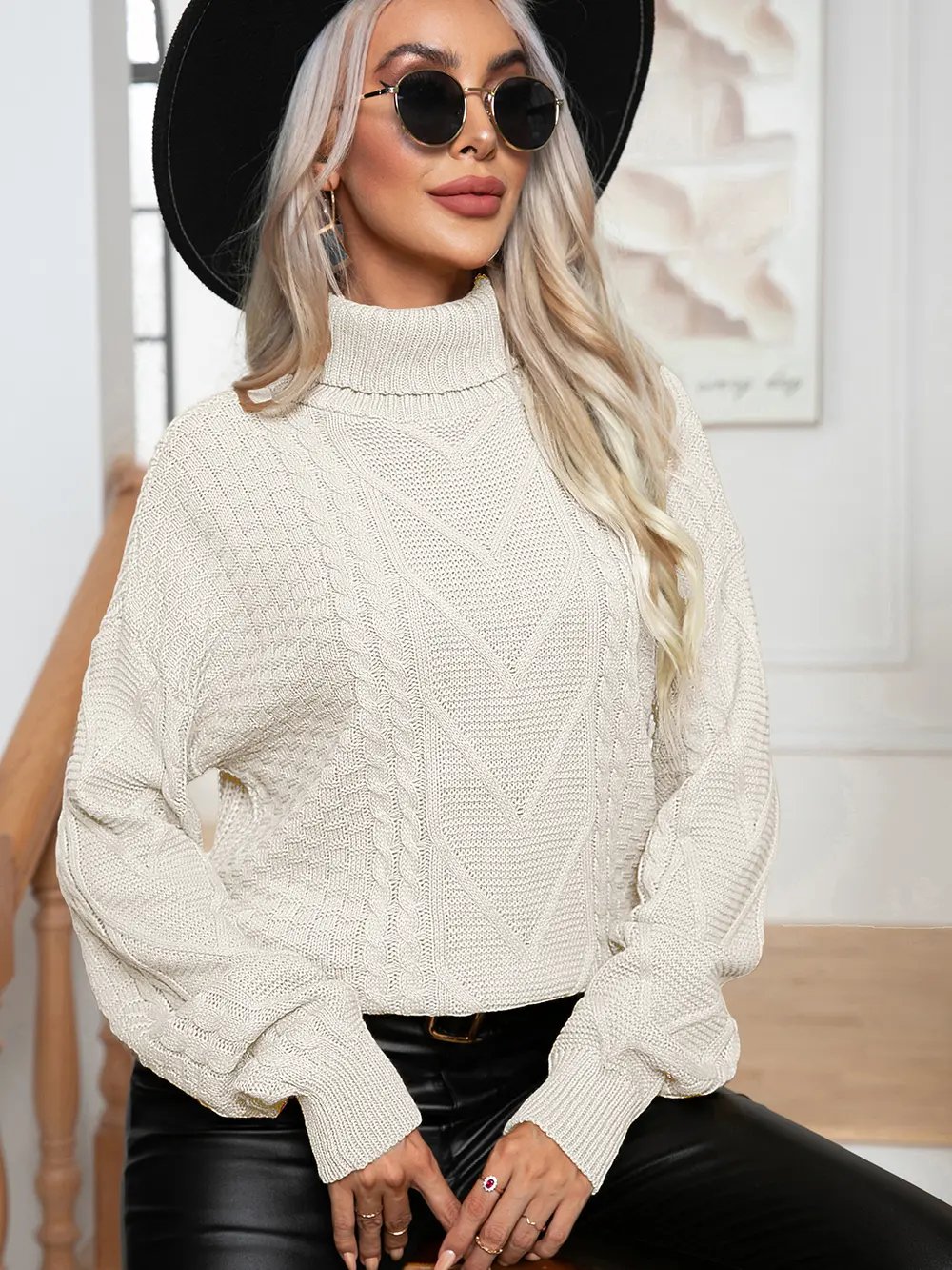 Turtleneck Cable-Knit Long Sleeve Sweater, image 11