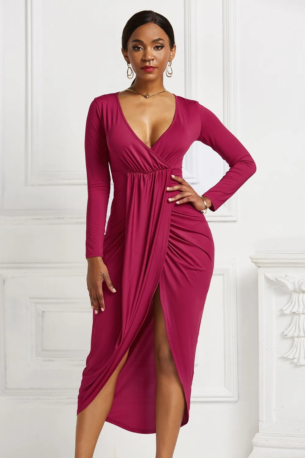 High-low Ruched Surplice Long Sleeve Dress, image 13