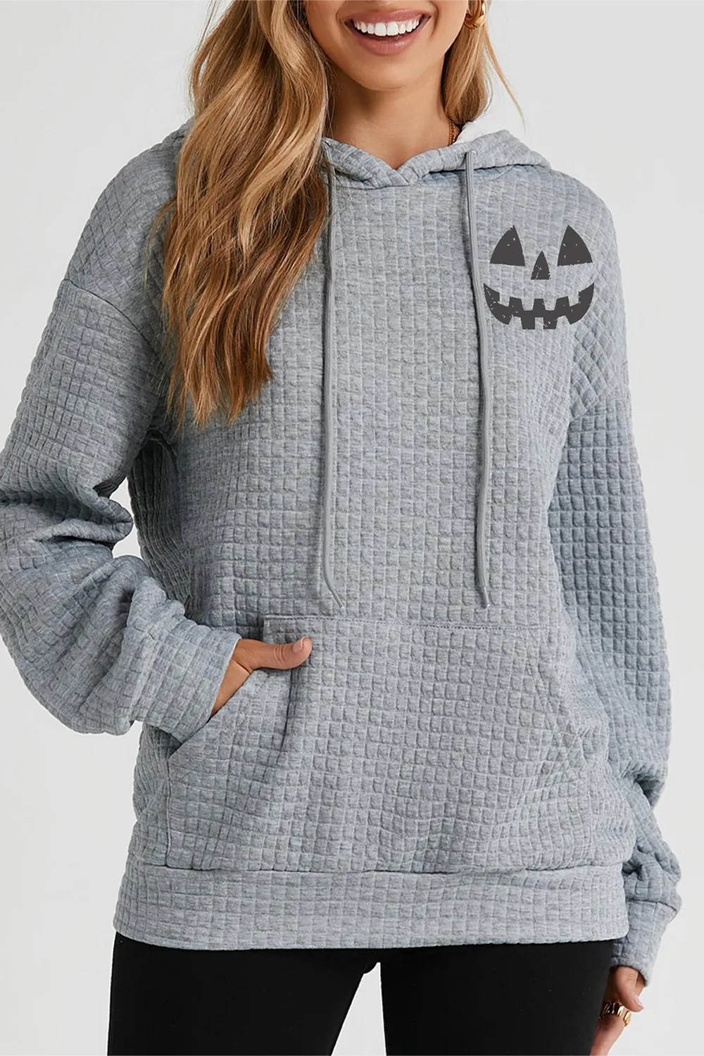 Pumpkin Face Graphic Drawstring Hoodie with Pocket, image 3