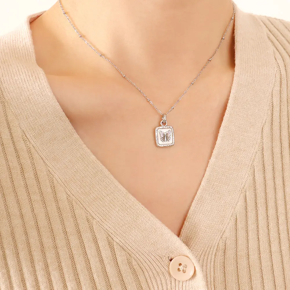 Butterfly Square Titanium Steel Pendant Necklace, image 3