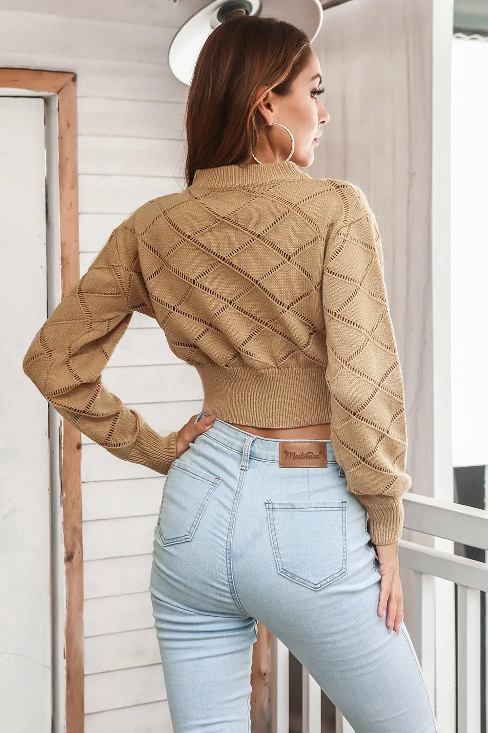 Openwork Plaid Round Neck Cropped Sweater, image 3