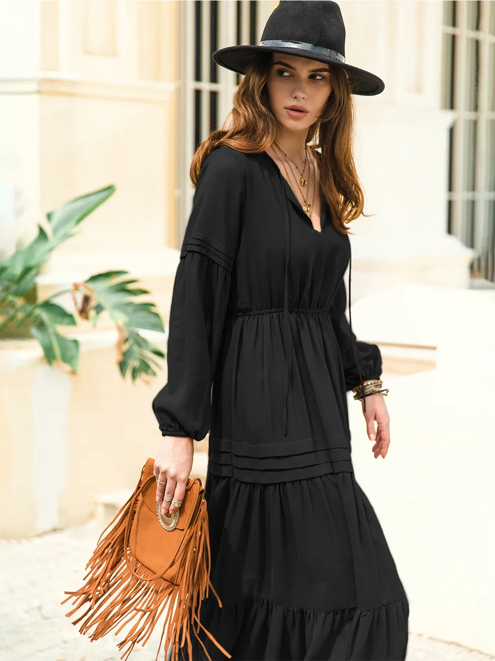 Tie Neck Long Sleeve Midi Tiered Dress, image 9