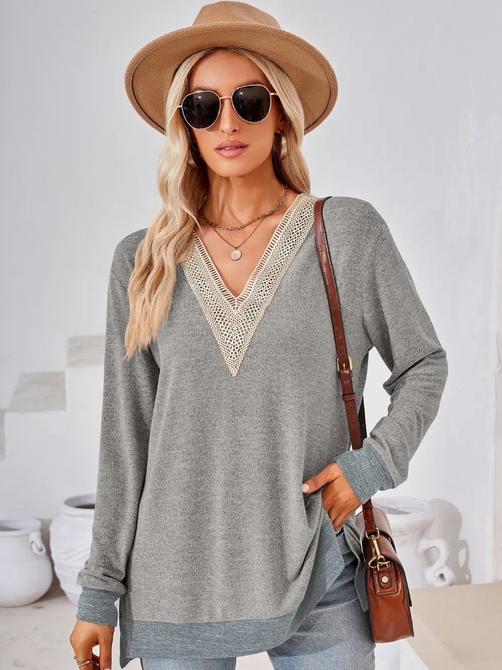 Crochet Contrast V-Neck Long Sleeve Slit T-Shirt, image 20