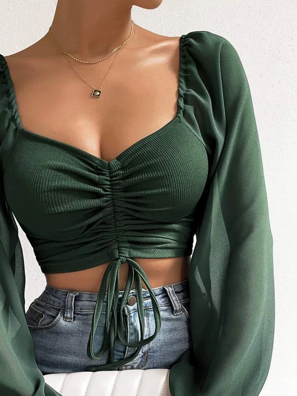 Drawstring Sweetheart Neck Cropped Top, image 15