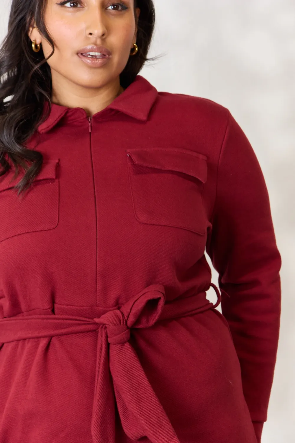 Full Size Tie Front Half Zip Long Sleeve Shirt Dress, image 6