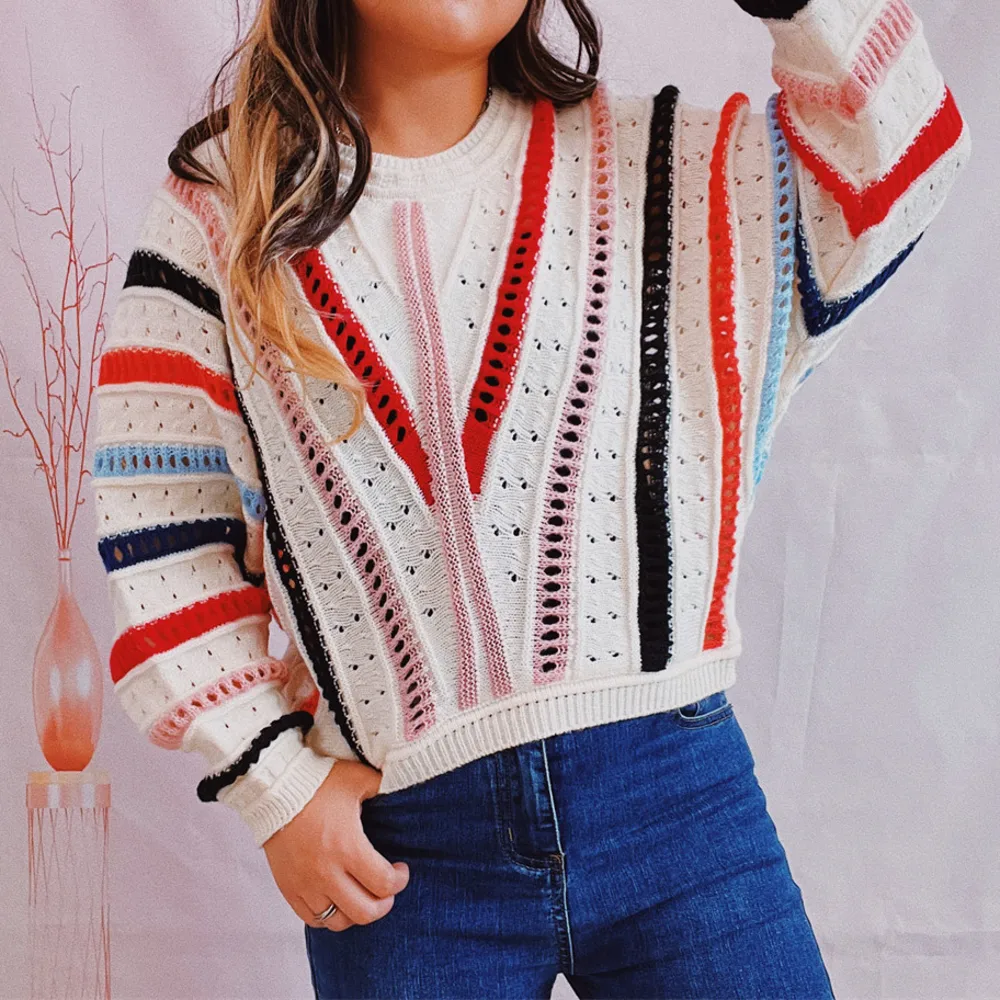 Striped Openwork Round Neck Sweater, image 3