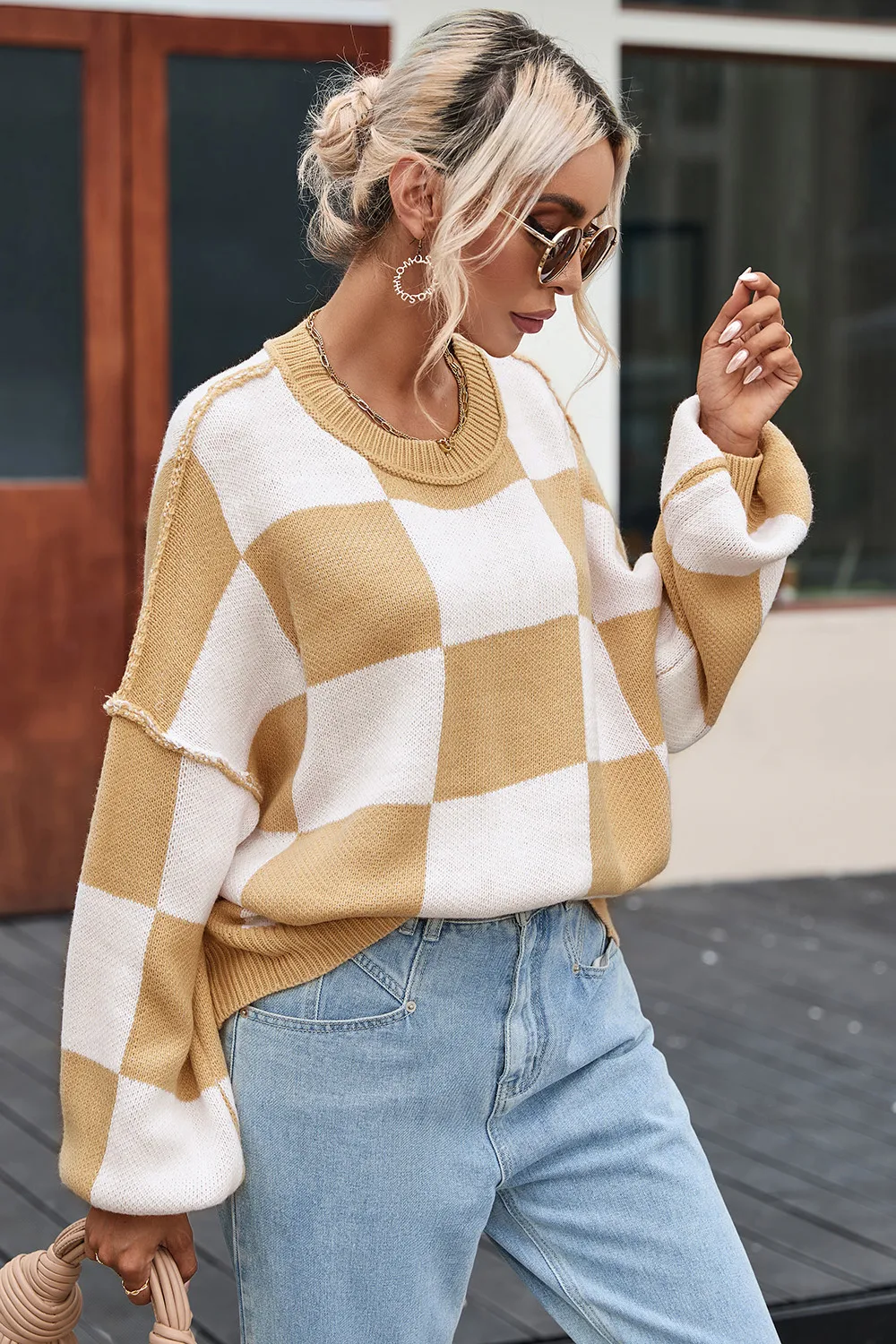 Checkered Exposed Seam Drooped Shoulder Sweater, image 5
