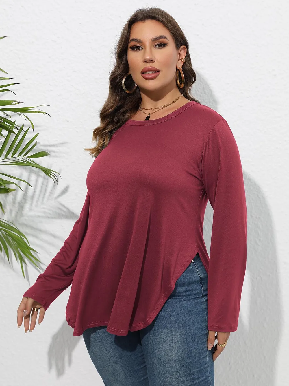 Plus Size Round Neck Long Sleeve Slit T-Shirt, image 15