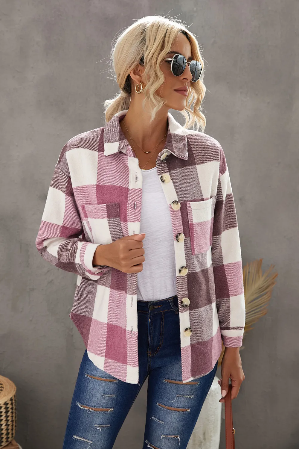 Plaid Button Up Dropped Shoulder Jacket, image 4