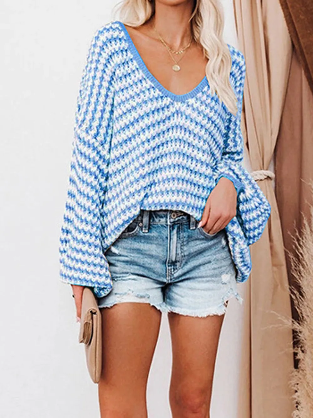 Striped Drop Shoulder V-Neck Sweater, image 4