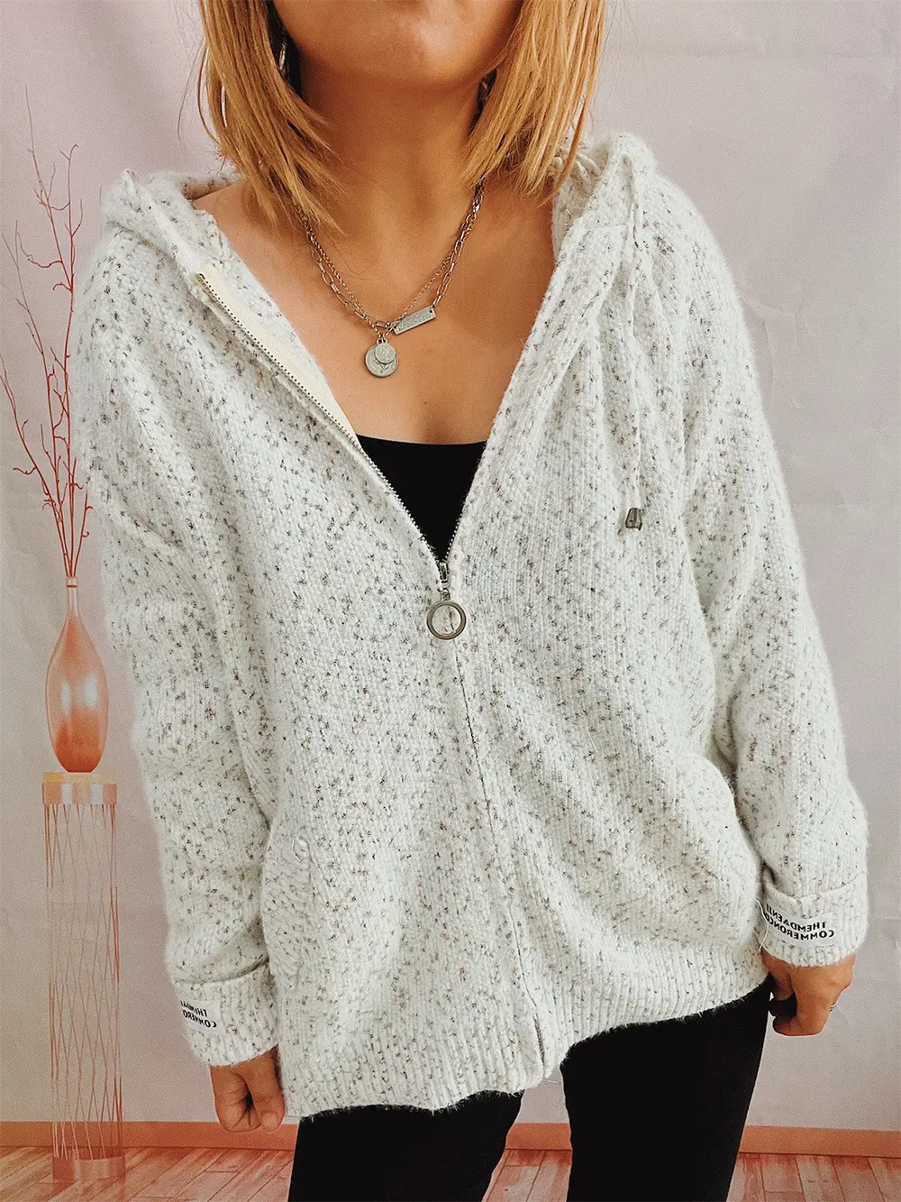 Zip Up Drawstring Long Sleeve Hooded Sweater, image 4