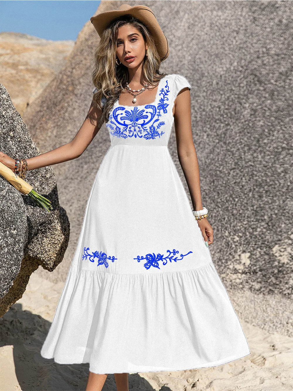 Embroidered Square Neck Ruffle Hem Dress, image 7