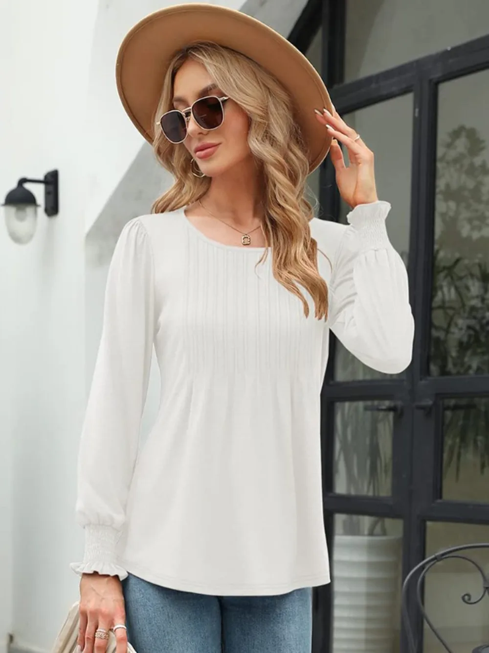 Smocked Round Neck Lantern Sleeve Blouse, image 16