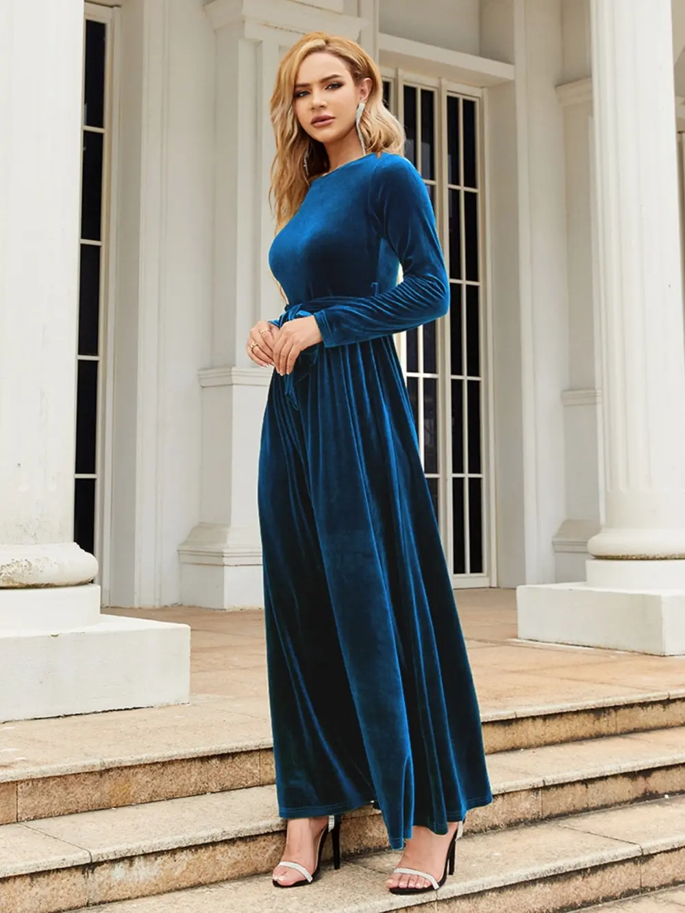 Tie Front Round Neck Long Sleeve Maxi Dress, image 9