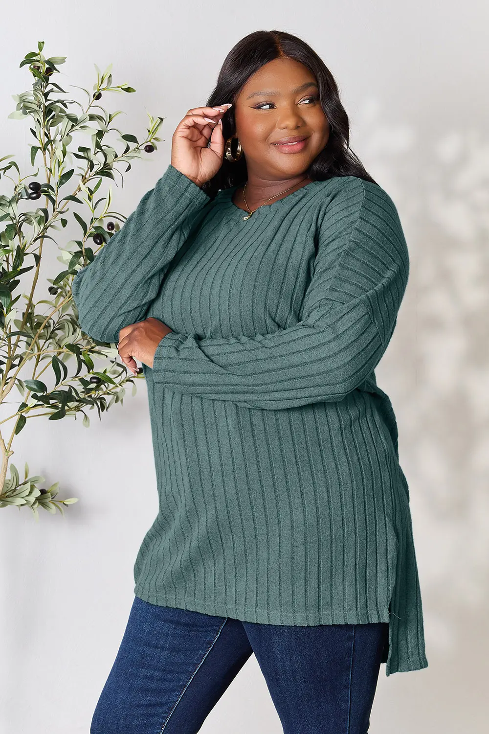 Full Size Ribbed Round Neck Long Sleeve Slit Top, image 18