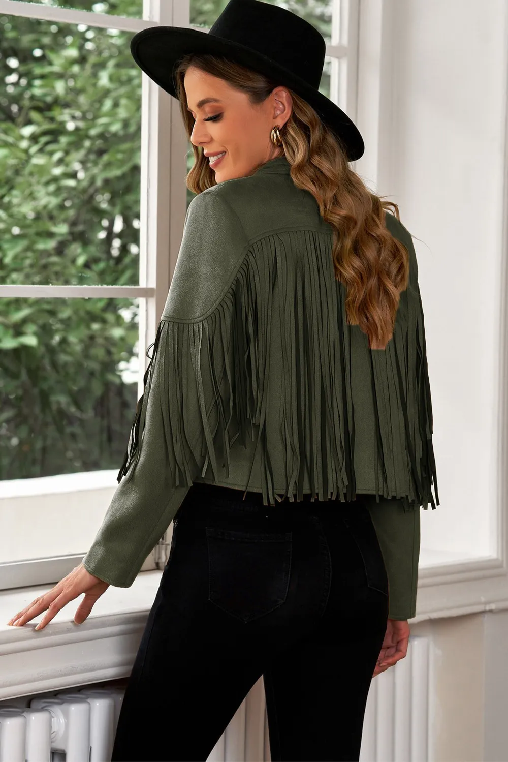 Fringe Trim Lapel Collar Cropped Blazer, image 9