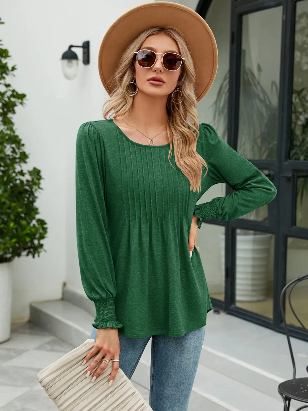 Smocked Round Neck Lantern Sleeve Blouse, image 2