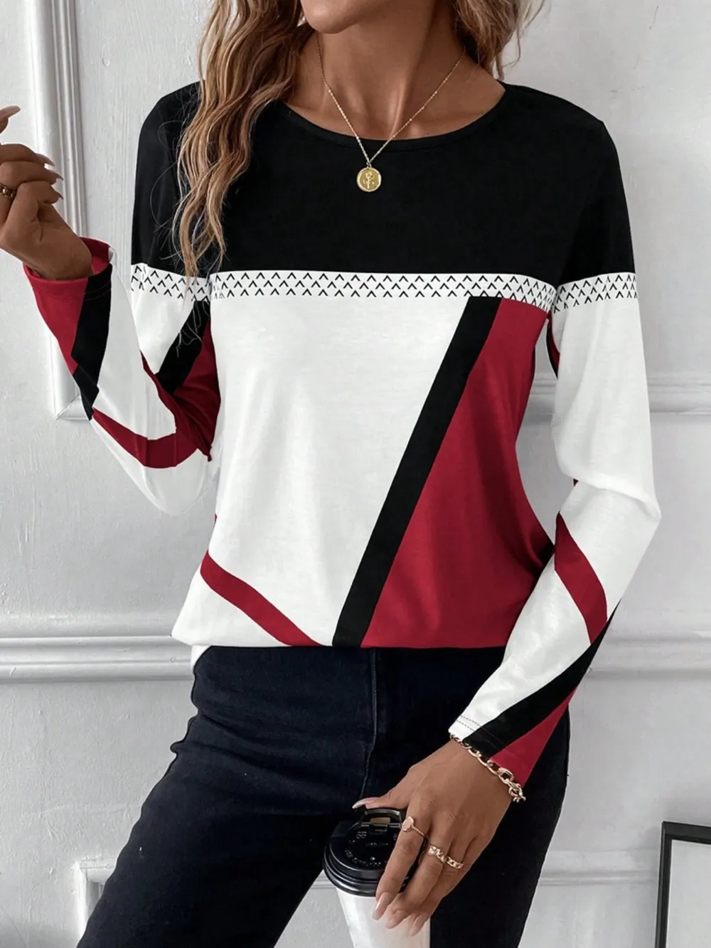 Contrast Round Neck Long Sleeve T-Shirt, image 11
