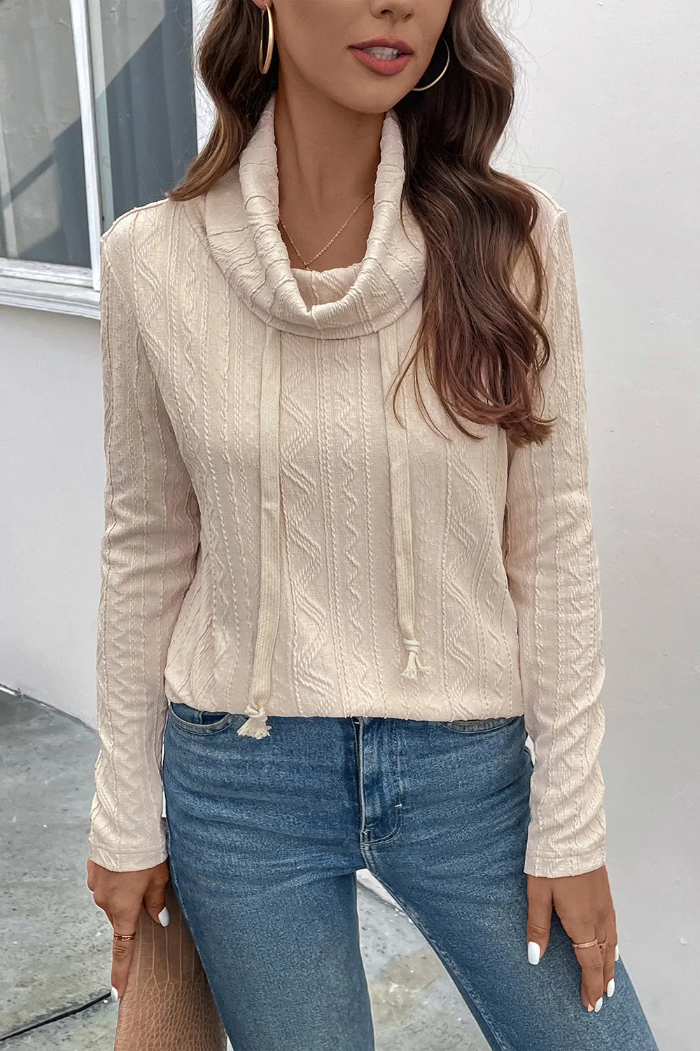 Tied Mock Neck Long Sleeve Knit Top, image 2