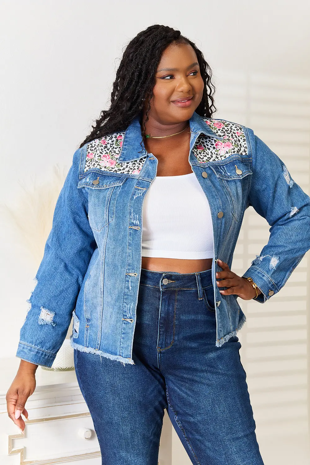 Leopard Floral Distressed Raw Hem Denim Jacket, image 6